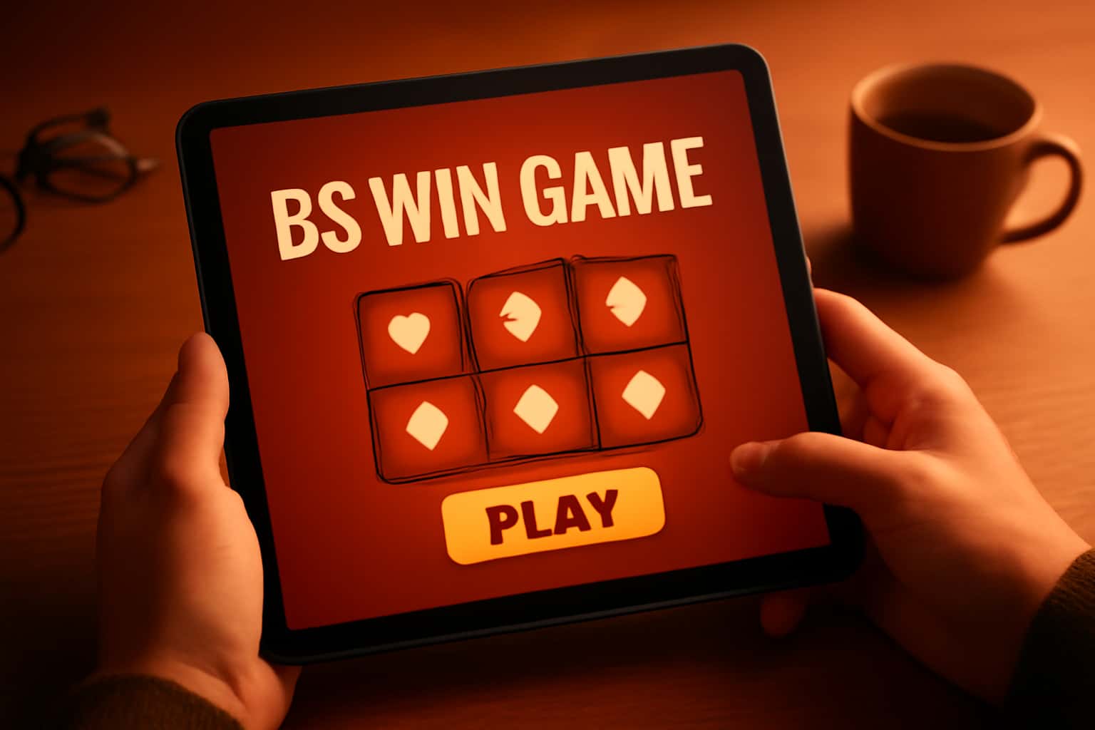 An informational scene illustrating the usage of BS Win Game on a tablet.
